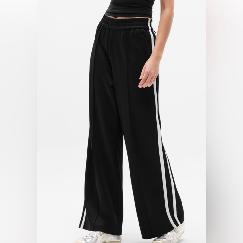 Athleta Black Wide-Leg Track Pants with White Double Side Stripes